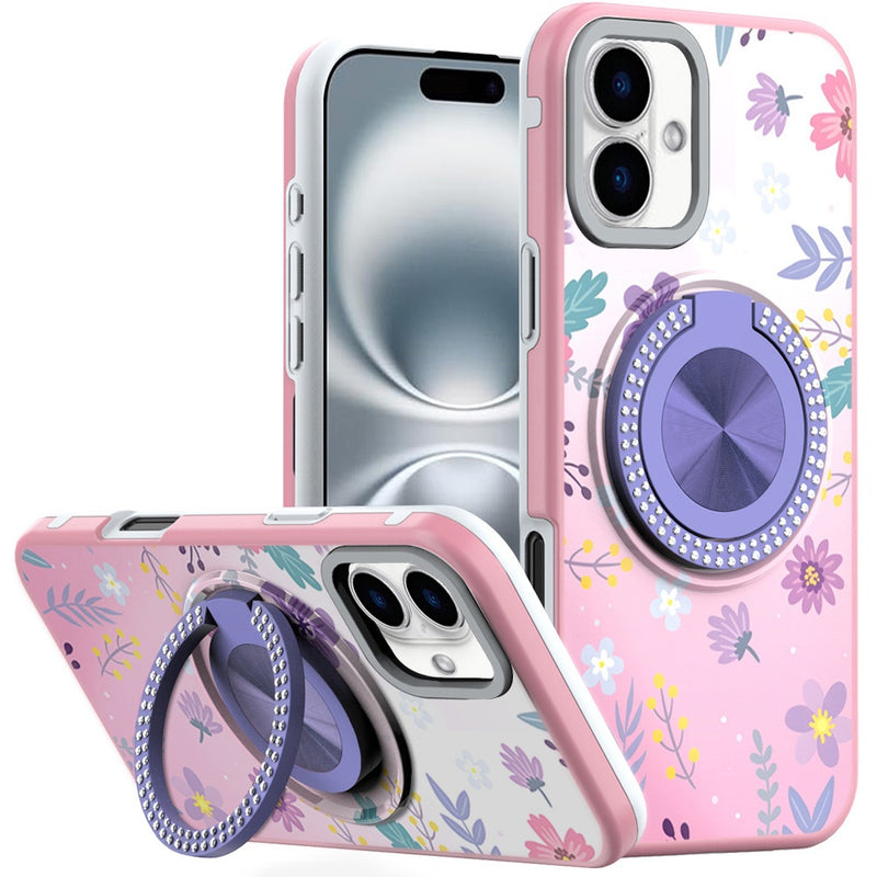 iPhone 16 Plus 6.7 inch Metal Diamond CD Pattern Design Matte Finished Hybrid with Rotational Ring [Car Mount Friendly] Case - Floral C