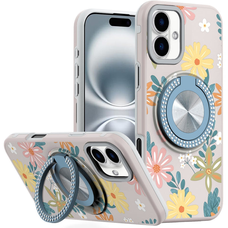 iPhone 16 Plus 6.7 inch Metal Diamond CD Pattern Design Matte Finished Hybrid with Rotational Ring [Car Mount Friendly] Case - Floral E