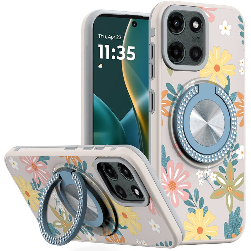 Moto G Stylus 5G 2025 Metal Diamond CD Pattern Design Matte Finished Hybrid with Rotational Ring [Car Mount Friendly] Case - Floral E