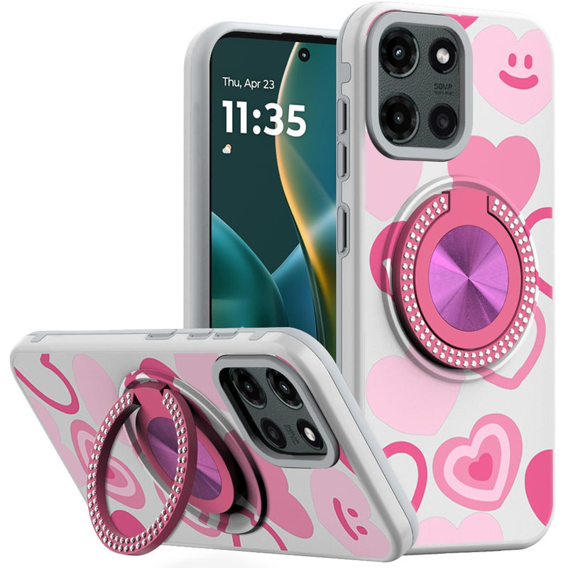 Moto G Stylus 5G 2025 Metal Diamond CD Pattern Design Matte Finished Hybrid with Rotational Ring [Car Mount Friendly] Case - Hearts