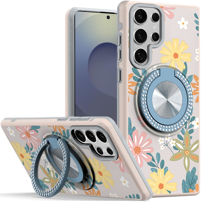 Samsung s25 Ultra Metal Diamond CD Pattern Design Matte Finished Hybrid with Rotational Ring [Car Mount Friendly] Case - Floral E