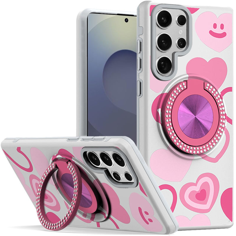 Samsung s25 Ultra Metal Diamond CD Pattern Design Matte Finished Hybrid with Rotational Ring [Car Mount Friendly] Case - Hearts