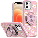 iPhone 12 6.1 & iPhone 12 Pro Metal Diamond CD Pattern Design Matte Finished Hybrid with Rotational Ring [Car Mount Friendly] Case - Floral A