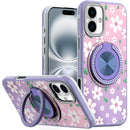 iPhone 16 6.1 inch Metal Diamond CD Pattern Design Matte Finished Hybrid with Rotational Ring [Car Mount Friendly] Case - Floral B