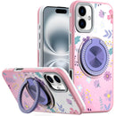 iPhone 16 6.1 inch Metal Diamond CD Pattern Design Matte Finished Hybrid with Rotational Ring [Car Mount Friendly] Case - Floral C