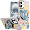 iPhone 16 6.1 inch Metal Diamond CD Pattern Design Matte Finished Hybrid with Rotational Ring [Car Mount Friendly] Case - Floral E