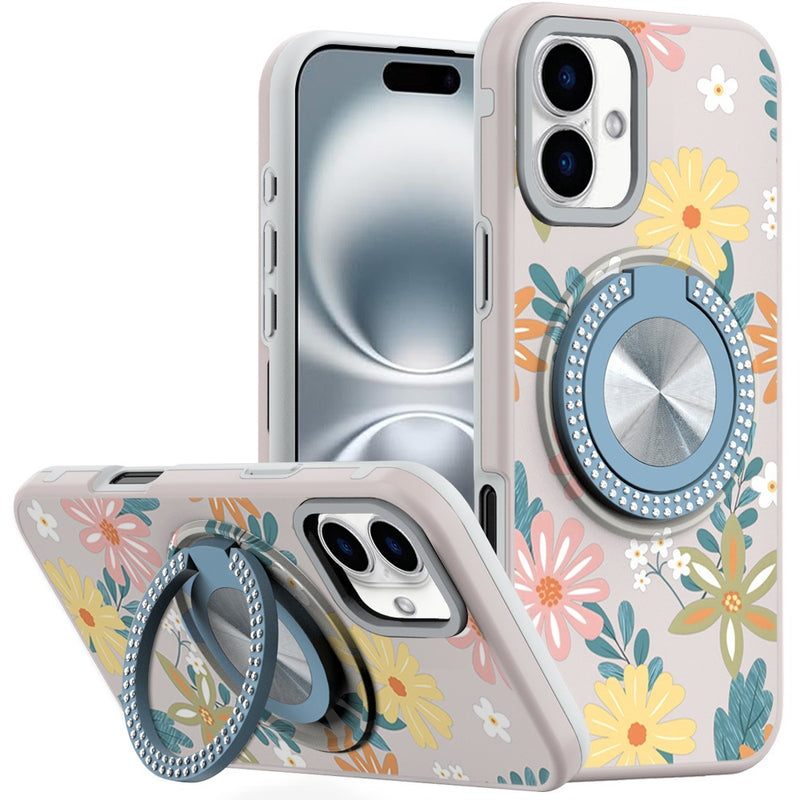 iPhone 16 6.1 inch Metal Diamond CD Pattern Design Matte Finished Hybrid with Rotational Ring [Car Mount Friendly] Case - Floral E