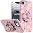 iPhone 16E (E edition) / SE4 (2025) Metal Diamond CD Pattern Design Matte Finished Hybrid with Rotational Ring [Car Mount Friendly] Case - Floral A