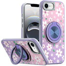 iPhone 16E (E edition) / SE4 (2025) Metal Diamond CD Pattern Design Matte Finished Hybrid with Rotational Ring [Car Mount Friendly] Case - Floral B