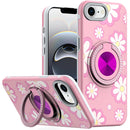 iPhone 16E (E edition) / SE4 (2025) Metal Diamond CD Pattern Design Matte Finished Hybrid with Rotational Ring [Car Mount Friendly] Case - Floral D