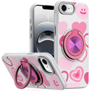 iPhone 16E (E edition) / SE4 (2025) Metal Diamond CD Pattern Design Matte Finished Hybrid with Rotational Ring [Car Mount Friendly] Case - Hearts