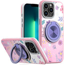 iPhone 13 Pro Max Metal Diamond CD Pattern Design Matte Finished Hybrid with Rotational Ring [Car Mount Friendly] Case - Floral C