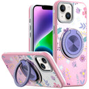 iPhone 13 6.1 /14 6.1 Metal Diamond CD Pattern Design Matte Finished Hybrid with Rotational Ring [Car Mount Friendly] Case - Floral C