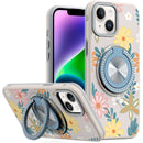 iPhone 13 6.1/14 6.1Metal Diamond CD Pattern Design Matte Finished Hybrid with Rotational Ring [Car Mount Friendly] Case - Floral E
