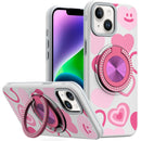 iPhone 13 6.1/14 6.1Metal Diamond CD Pattern Design Matte Finished Hybrid with Rotational Ring [Car Mount Friendly] Case - Hearts