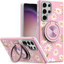 Samsung S23 Ultra Metal Diamond CD Pattern Design Matte Finished Hybrid with Rotational Ring [Car Mount Friendly] Case - Floral A
