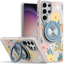 Samsung S23 Ultra Metal Diamond CD Pattern Design Matte Finished Hybrid with Rotational Ring [Car Mount Friendly] Case - Floral E