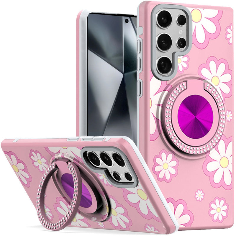 Samsung Galaxy s24 Ultra Metal Diamond CD Pattern Design Matte Finished Hybrid with Rotational Ring [Car Mount Friendly] Case - Floral D