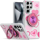 Samsung Galaxy s24 Ultra Metal Diamond CD Pattern Design Matte Finished Hybrid with Rotational Ring [Car Mount Friendly] Case - Hearts