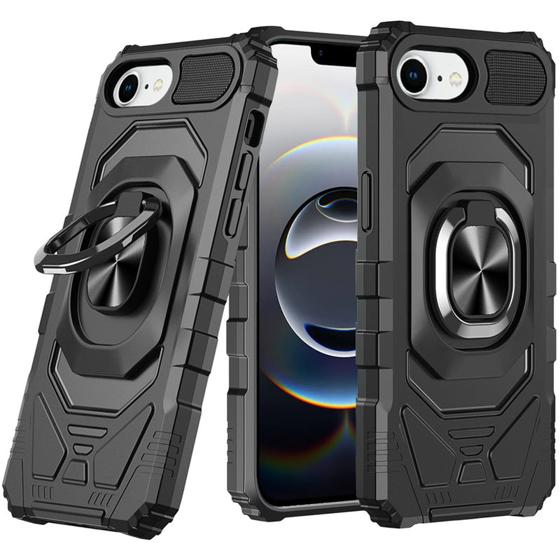 iPhone 16E (E edition) / SE4 (2025) Robotic Hybrid with Magnetic Ring Stand Case Cover - Black