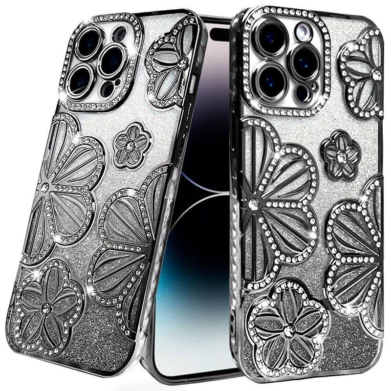 iPhone 14 PRO MAX 6.7" Shimmer Glitter Floral Design Thick TPU Case Cover - Black