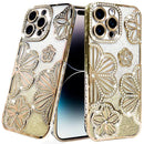 iPhone 14 PRO MAX 6.7" Shimmer Glitter Floral Design Thick TPU Case Cover - Gold