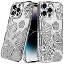 iPhone 14 PRO MAX 6.7" Shimmer Glitter Floral Design Thick TPU Case Cover - Silver