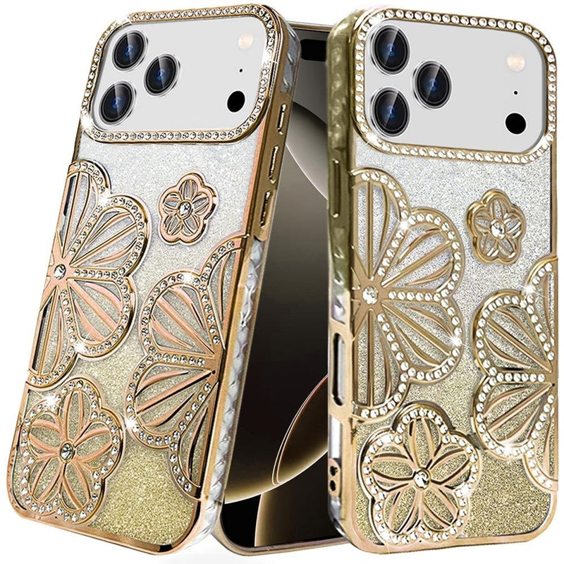 iPhone 17 Pro Max Pro Max Shimmer Glitter Floral Design Thick TPU Case Cover - Gold