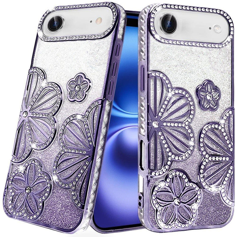 iPhone 17 Air Air Shimmer Glitter Floral Design Thick TPU Case Cover - Purple