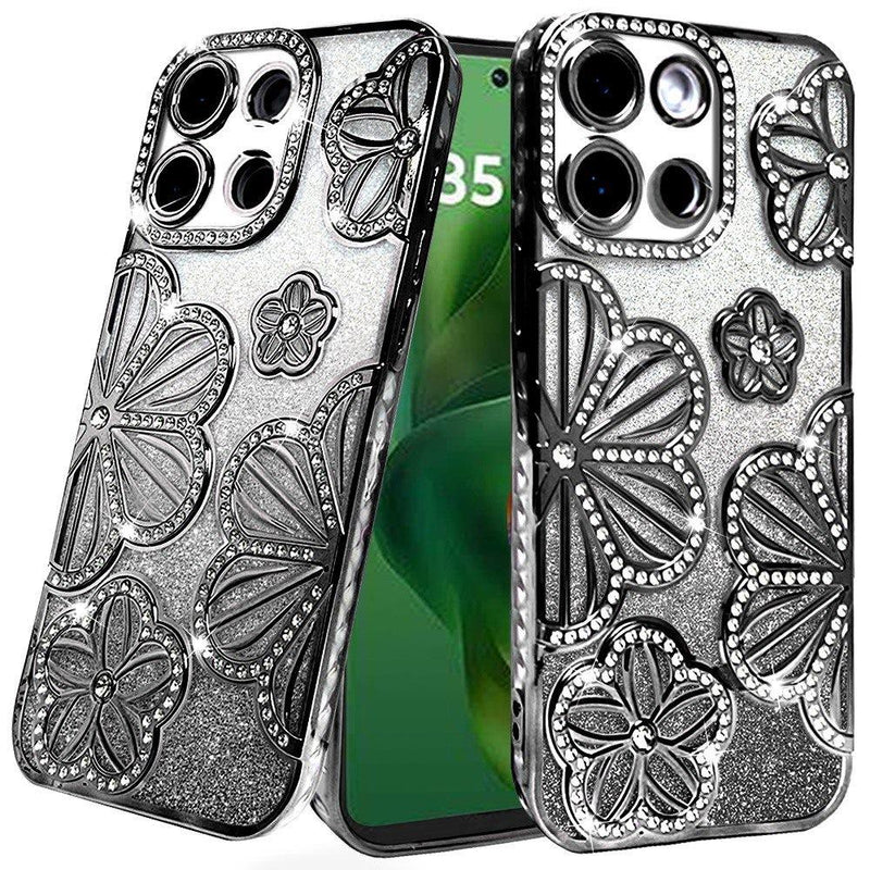 Motorola Moto G Power 5G 2025 Shimmer Glitter Floral Design Thick TPU Case Cover - Black