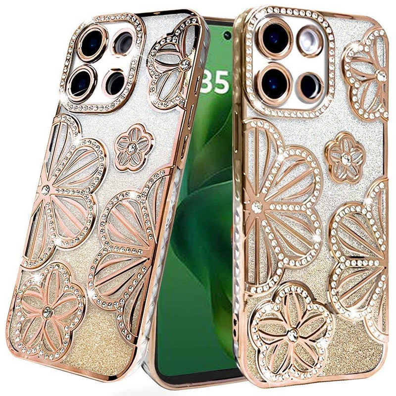 Motorola Moto G Power 5G 2025 Shimmer Glitter Floral Design Thick TPU Case Cover - Gold