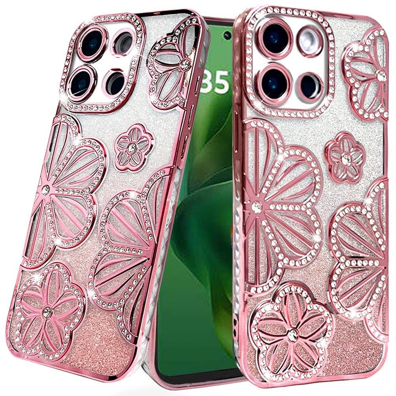 Motorola Moto G Power 5G 2025 Shimmer Glitter Floral Design Thick TPU Case Cover - Rose Gold