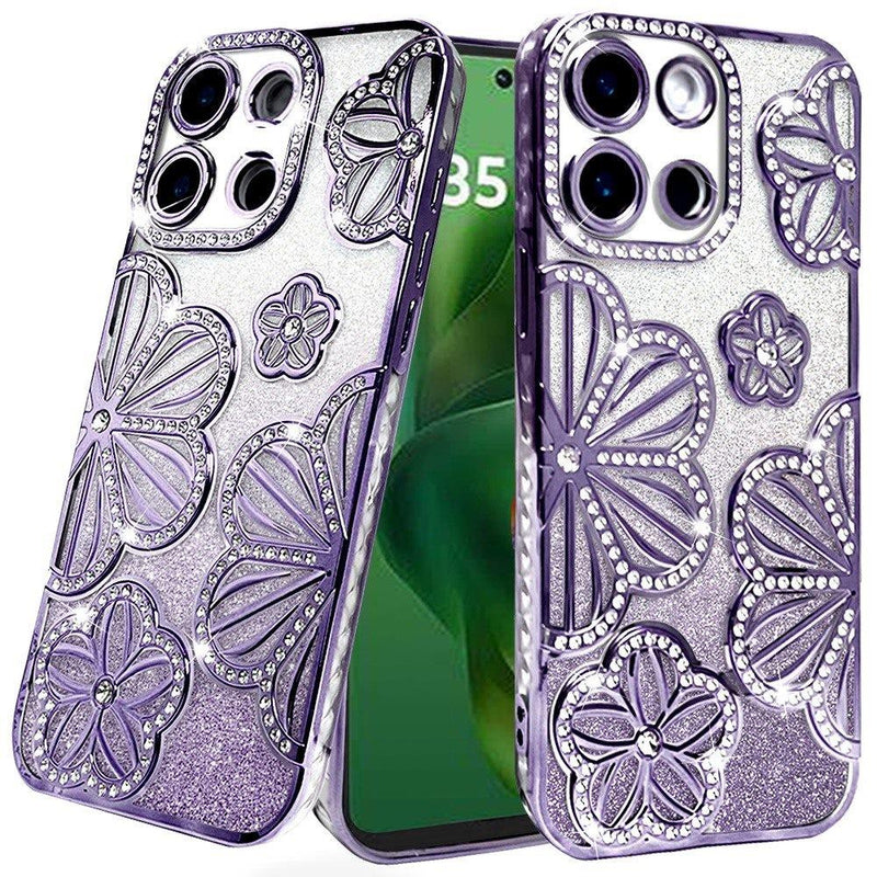 Motorola Moto G Power 5G 2025 Shimmer Glitter Floral Design Thick TPU Case Cover - Purple