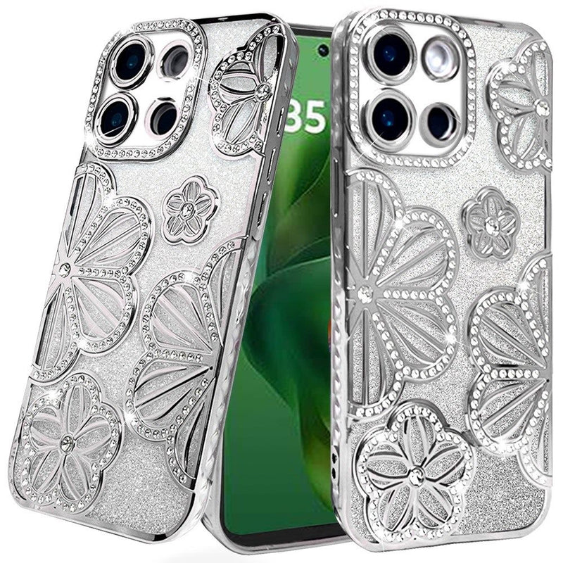 Motorola Moto G Power 5G 2025 Shimmer Glitter Floral Design Thick TPU Case Cover - Silver