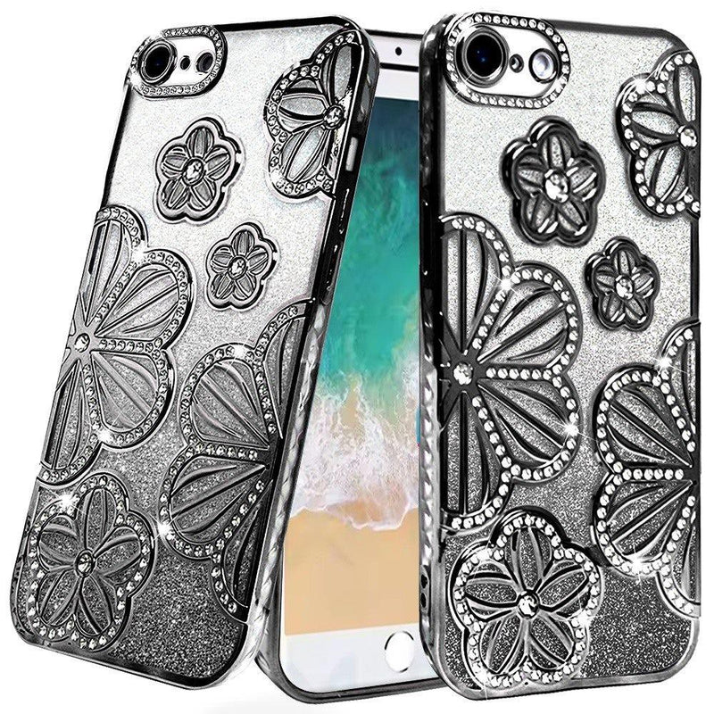 iPhone 16E / SE4 Shimmer Glitter Floral Design Thick TPU Case Cover - Black