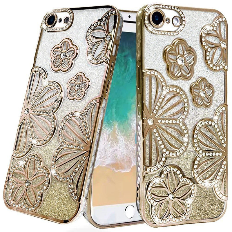 iPhone 16e Shimmer Glitter Floral Design Thick TPU Case Cover - Gold