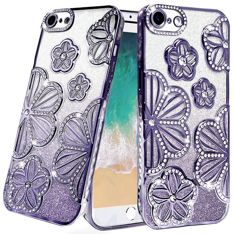 iPhone 16E / SE4 Shimmer Glitter Floral Design Thick TPU Case Cover - Purple