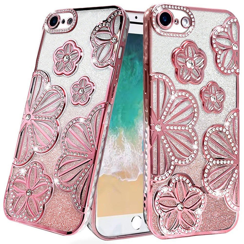iPhone 16E / SE4 Shimmer Glitter Floral Design Thick TPU Case Cover - Rose Gold