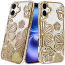iPhone 17 Shimmer Glitter Floral Design Thick TPU Case Cover - Gold