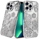 iPhone 13 Pro Max Shimmer Glitter Floral Design Thick TPU Case Cover - Silver