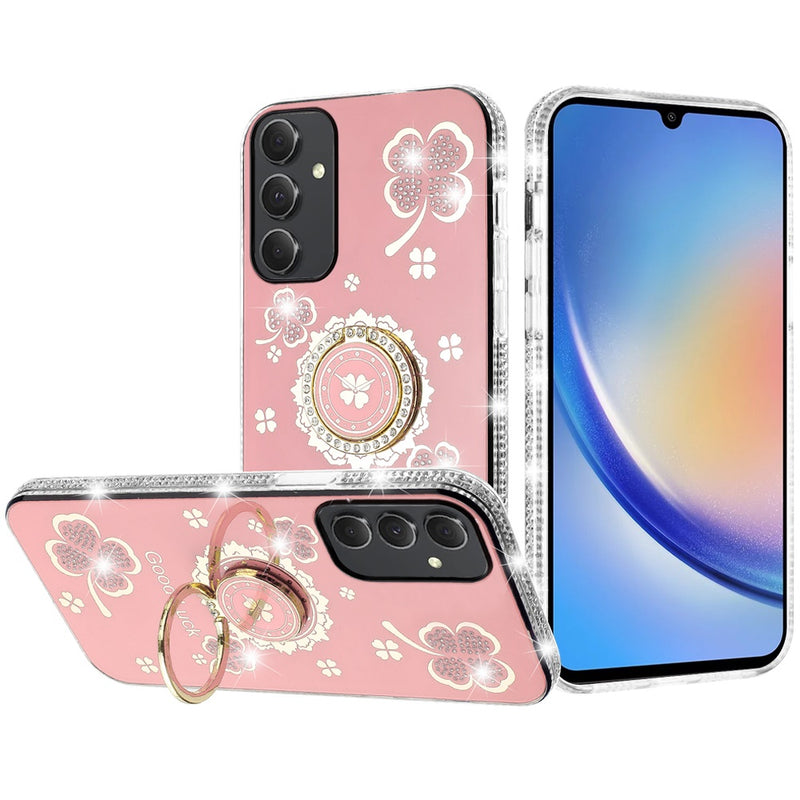 Samsung A15 5G Splendid Glitter with Diamonds All Around Edges Ring Stand Case Cover - Pink