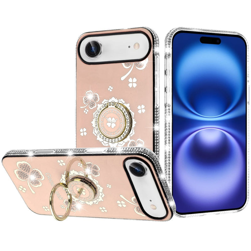 iPhone 17 Air Splendid Glitter with Diamonds All Around Edges Ring Stand Case Cover - Gold
