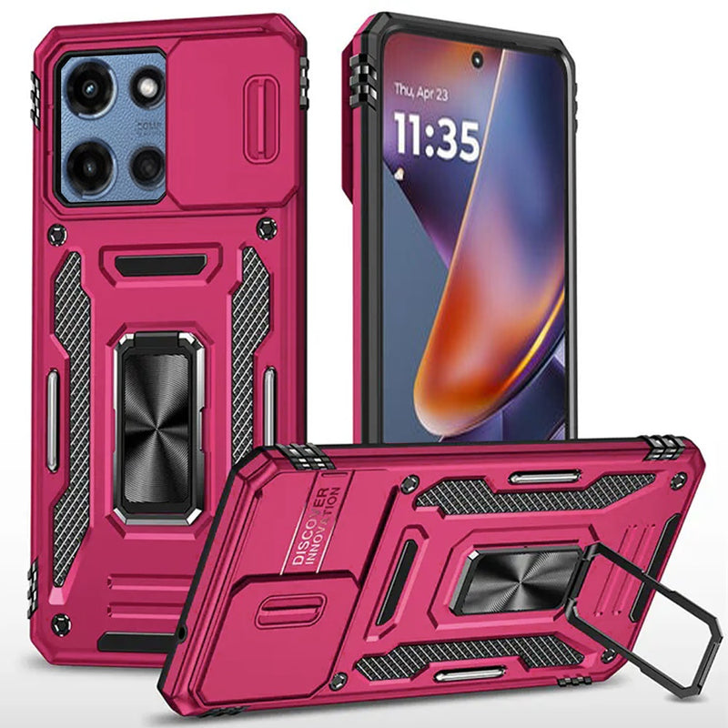 Motorola Moto G Power 5G 2025 Utter Tough Metal Ring Movable Camera Window Hybrid Case Cover - Hot Pink