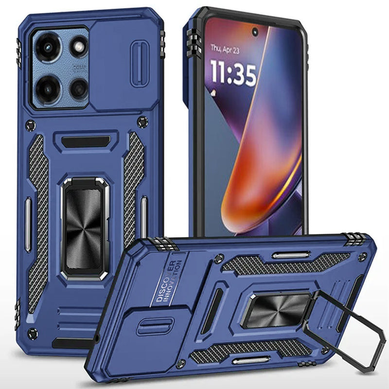 Motorola Moto G Power 5G 2025 Utter Tough Metal Ring Movable Camera Window Hybrid Case Cover - Navy blue