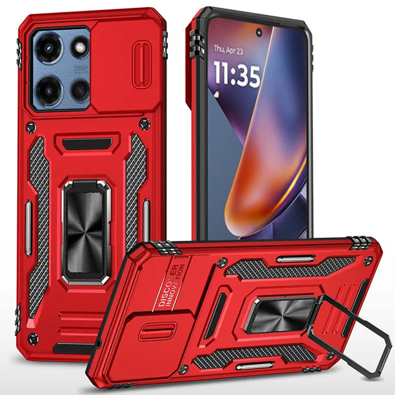 Motorola Moto G Power 5G 2025 Utter Tough Metal Ring Movable Camera Window Hybrid Case Cover - Red