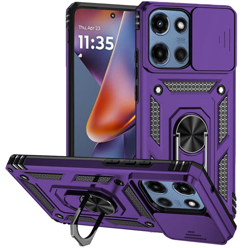 Motorola Moto G 5G 2025 Well Protective Magentic Ring Stand Camera Protective Cover Case - Dark Purple