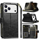 For iPhone 17 Pro Max Luxury Wallet Card ID Zipper Money Holder Case Cover - Black