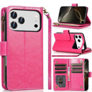 iPhone 17 Pro 6.3 Luxury Wallet Card ID Zipper Money Holder Case Cover - Hot Pink