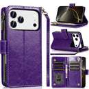 iPhone 17 Pro 6.3 Luxury Wallet Card ID Zipper Money Holder Case Cover - Dark Purple