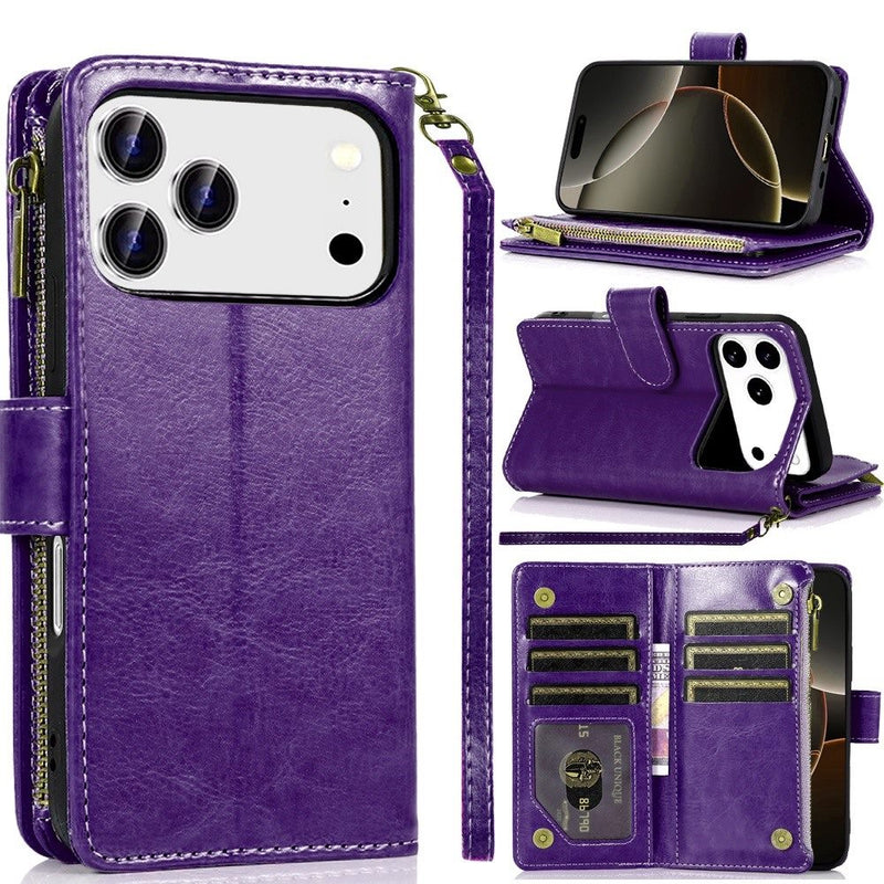 iPhone 17 Pro 6.3 Luxury Wallet Card ID Zipper Money Holder Case Cover - Dark Purple